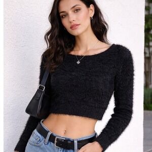 Vintage Y2K‎ American Apparel Fuzzy Cropped Sweater Black Soft Grunge Indie Sz M
